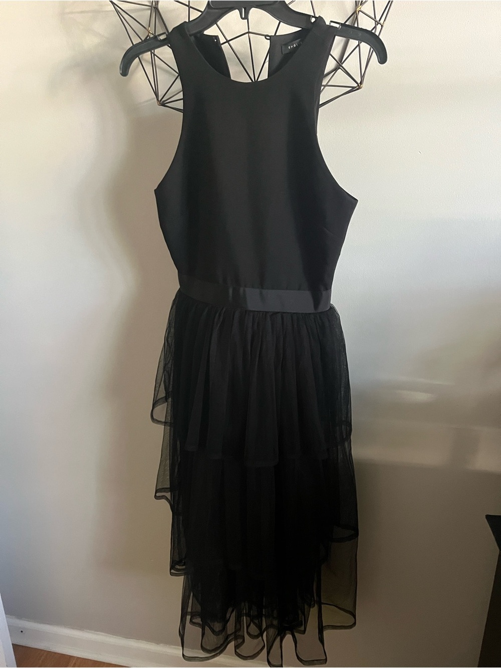 English Factory Elegant Black Tiered Tulle Midi Dress - Sleeveless Evening Dress